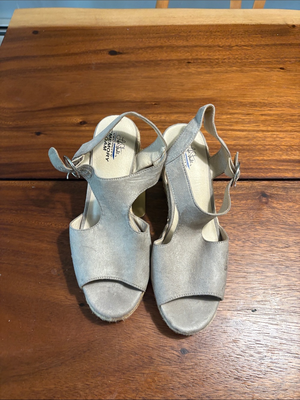 Life Stride Light Gray Suede Open-Toe Wedge Sandals